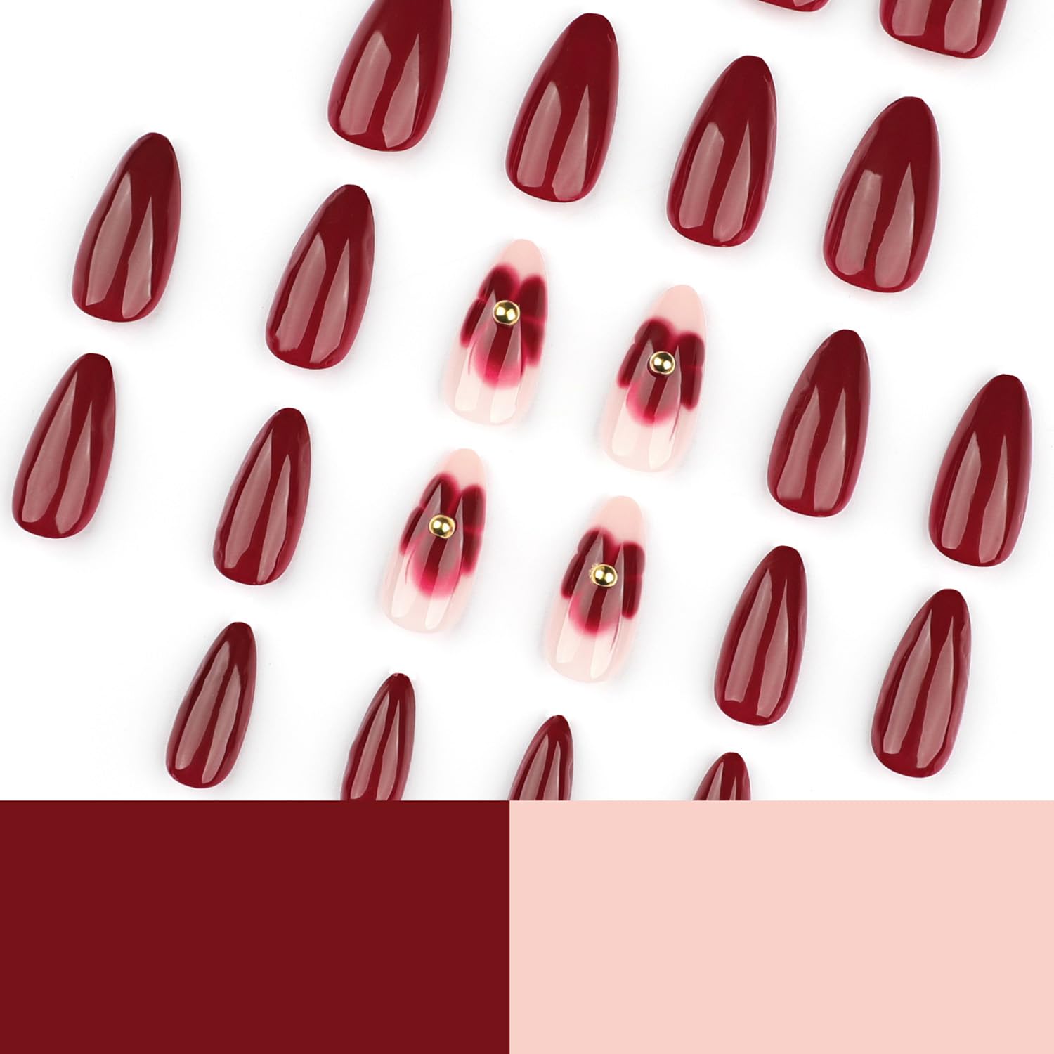 Flower Press on Nails Almond Red Fake Nails - LPOODDNU Cute Flowers Glue on Nails Spring Wine Red Acrylic False Nails Full Cover Stick on Nails Medium Artificial Nails for Women Manicure, 24Pcs - Image 4