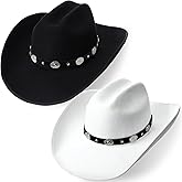 Cotwinter 2 Packs Cowboy Hat for Men Women with Shapeable Wide Brim Buckle Belt Western Felt Cowgirl Hat in Black White, M