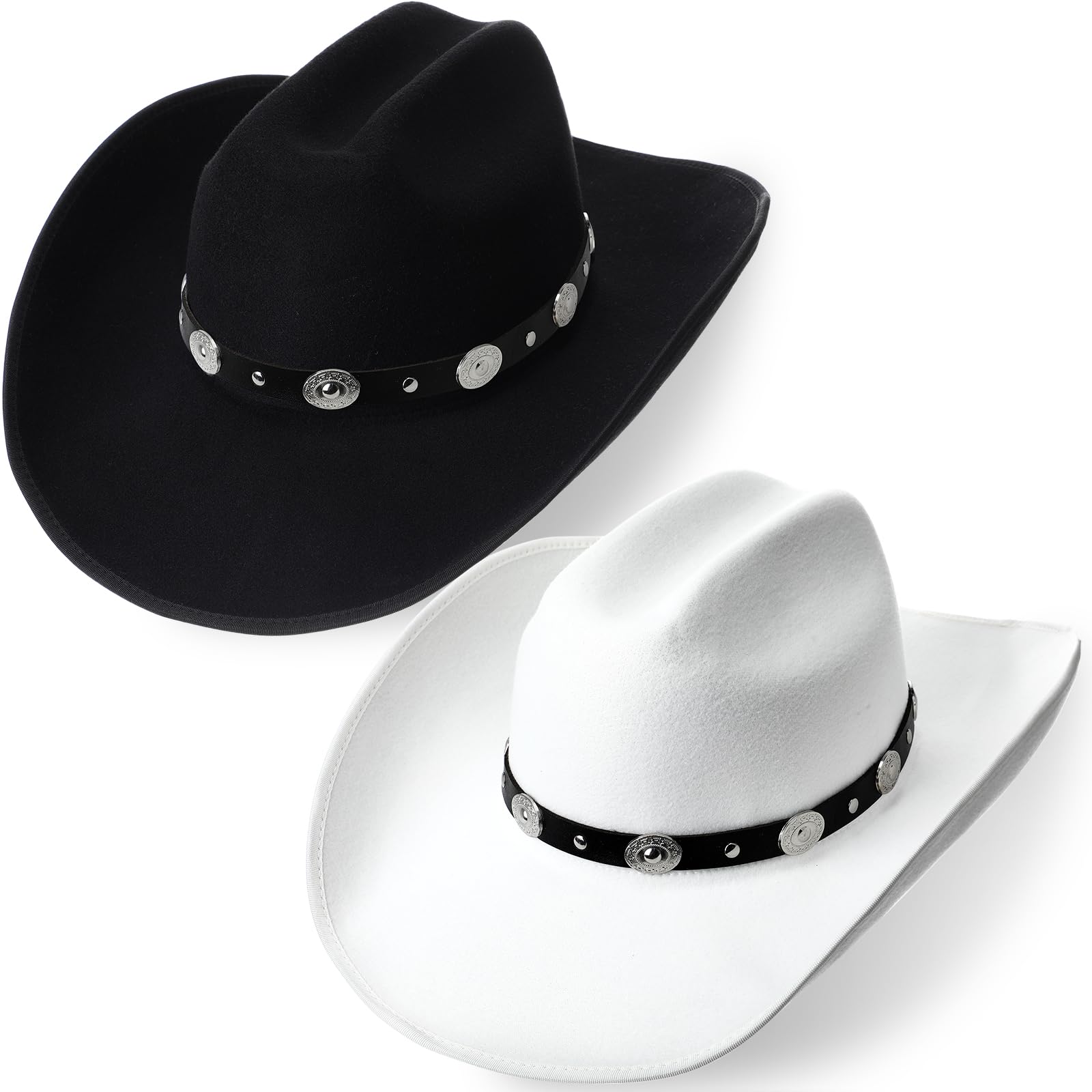 Photo 1 of Cotwinter 2 Packs Cowboy Hat for Men Women with Shapeable Wide Brim Buckle Belt Western Felt Cowgirl Hats in Black and White (Retro Style)