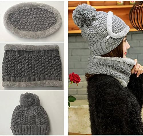 Plus Samt Gestrickte Winterm/&uuml;tze mit Visor Strickm/&uuml;tze Runder Schal Set Winddicht Warme Beanie Schalm/&uuml;tzen-Set Winterm/&uuml;tze 3-in-1 Winter-Set Damen Knit M/&uuml;tze Schal Mundschutz Set mit Bommel Winter