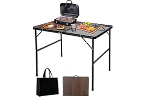 HCSH&WILL Folding Grill & Camping Table, Height-Adjustable Portable Metal Surface for Picnics, BBQs, Outdoor, Patio, Garden, and Parties (Wooden Tabletop 3Ft)