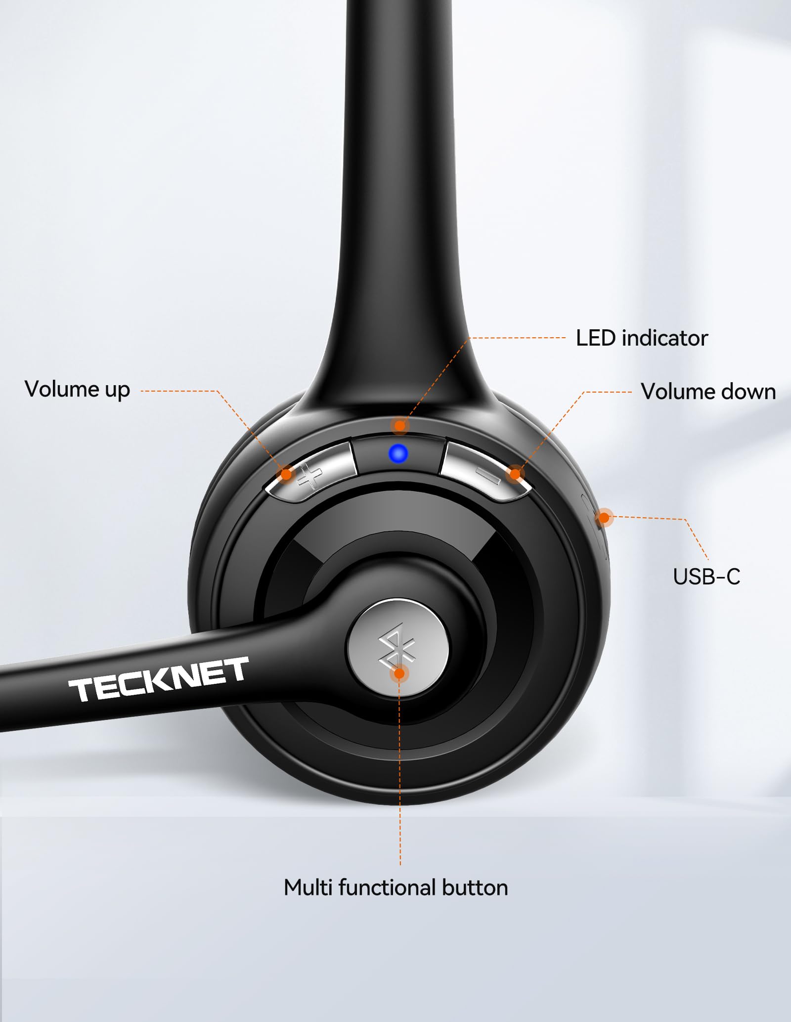 TECKNET Bluetooth Headset, Wireless Headset with Noise Canceling Microphone for Trucker, On-Ear Bluetooth Headphone with Mute Mic for Work