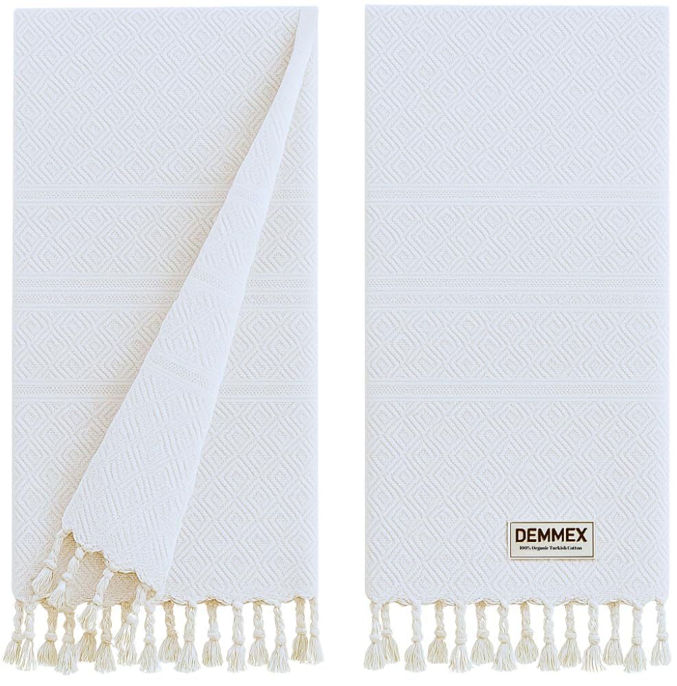 DEMMEX Organic Turkish Cotton Hand Towels Set of 2, Quick Dry Soft Diamond Weave, Absorbent Prewashed OEKO-TEX Bathroom Kitchen Towels 45x90cm (Vintage White)