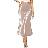AURUZA Women's Satin Midi Skirts,High Waisted Long Silk Skirt Hidden Elasticized Waistband A-line Flared Dress