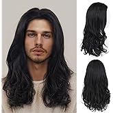 GNIMEGIL 22 inch Long Black Curly Wigs for Men Natural Wavy Hairstyle 70s 80s Theme Party Wig Halloween Costume Male Music Performances Synthetic Hair