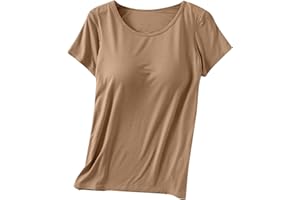 HUILAIBAZO Womens Built-in Bra T-Shirt Padded Active Yoga Tops Short Sleeves Plain Blouses Soft Pajama Casual Workout Shirts
