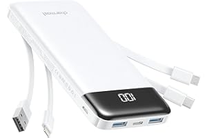 Charmast Portable Charger with Built in Cables, Power Bank with Cords Wires, Slim 10000mAh Travel Battery Pack 6 Outputs 3 In