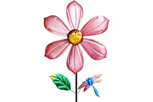 Senflame Metal Outdoor Flower Wind Spinner with Pink Floral & Gold Dragonfly, Decorative Kinetic Wind Sculpture for Yard, Garden, Patio, Lawn - Vibran Garden Art & Lawn Ornament for Outdoor Decor