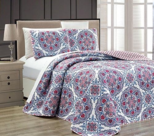 3 Piece Bedspread Quilt Coverlet Set Mandala Design Fuchsia/Blue/White (Queen)
