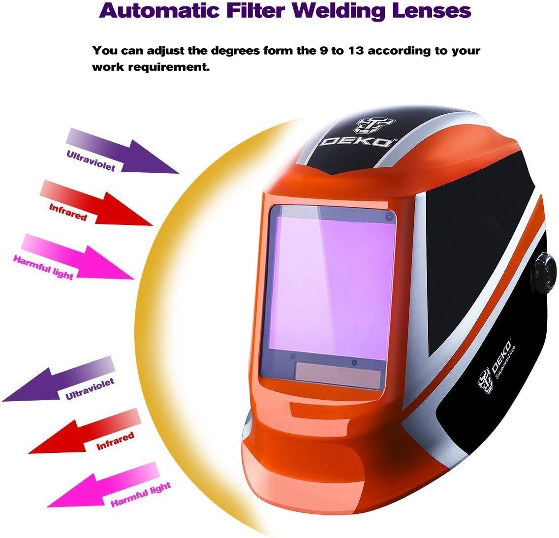 DEKOPRO Welding Helmet Auto Darkening Solar Powered wide viewing field Professional Hood with Wide Lens Adjustable Shade Range 4/9-13 for Mig Tig Arc Weld Grinding Welder Mask - - 