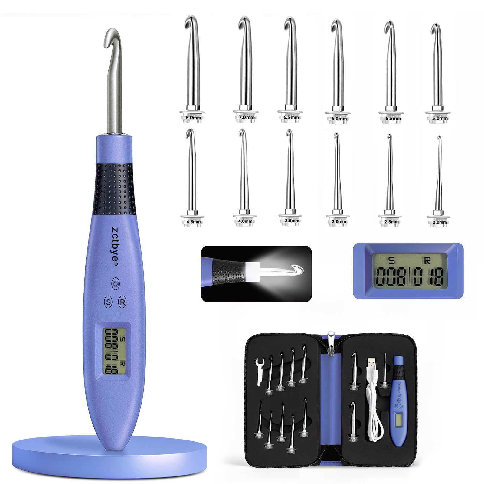 Counting Set Digital, Crochet Kit with 12 Different Size Interchangeable Crochet Needle, Ergonomic with 2 Levels Led and Digital Stitch Counter for Crocheting and Knitting