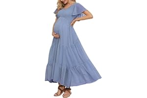 GURUIXU Swiss Dot Smocked Maternity Dress for Baby Shower Photoshoot Casual V Neck Ruffle Sleeve Empire Waist Tiered Boho Dress