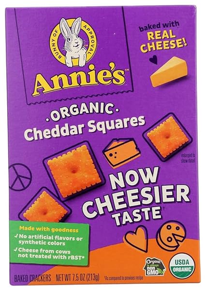 ANNIE’S ORGANIC CHEDDAR SQUARES, BAKED CRACKER SNACKS, 7.5 OZ