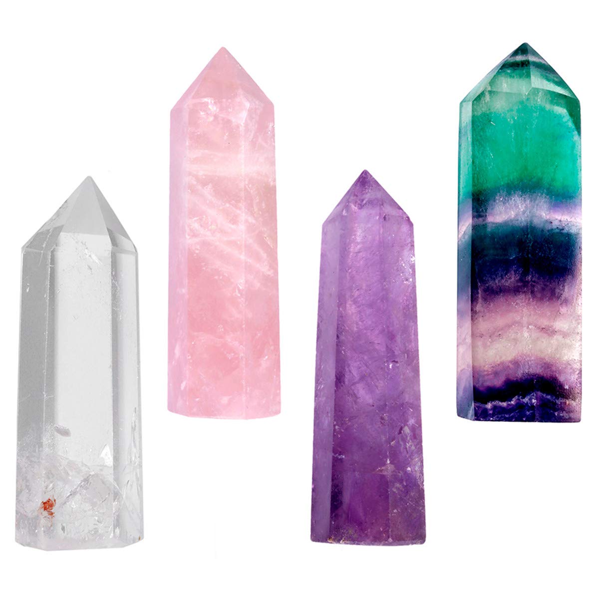 mookaitedecor 4 PCS Healing Crystal Wands Single Point 2" Amethyst, Rock Quartz, Rose Quartz, Rainbow Fluorite 6 Faceted Reiki Stone for Meditation Therapy Decor