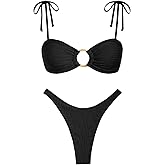 ZAFUL Women's Sexy Tie Spaghetti Strap Bikini Textured O Ring Ruched High Leg Swimsuit Cheeky Bathing Suits