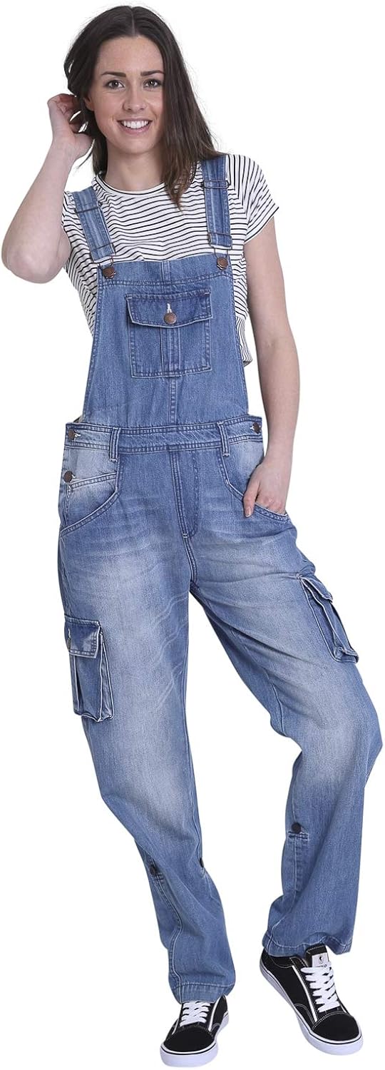 USKEES Womens Denim BibOveralls Faded Blue Relaxed fit Rollup Leg Overalls at Amazon Women’s