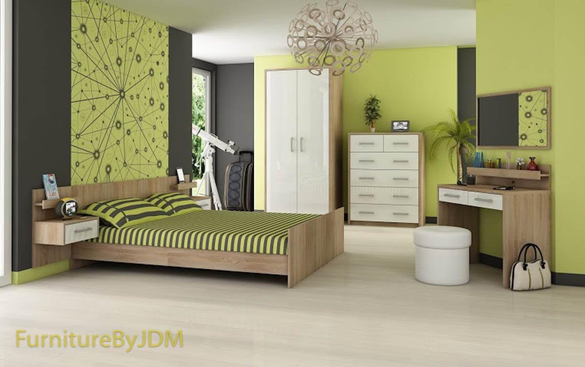 Bedroom Furniture Set "VERA" Double Bed Frame, Side Night Tables, 2D Wardrobe, Chest Of 5 Drawers, Dressing Table and Wall-mounted Mirror. (Sonoma Oak Light/White Gloss)