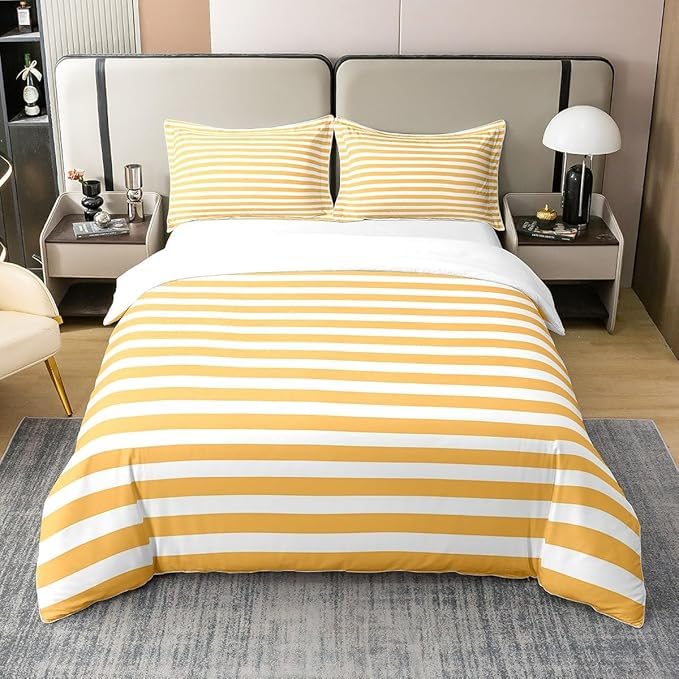 100% Cotton Stripe Bedding Set Yellow White Striped Duvet Cover King Farmhouse Ticsuper King Stripes Quilt Cover Gothic Horizontal Stripes Geometric Lines Comfy Comforter Cover Kids Girls Women