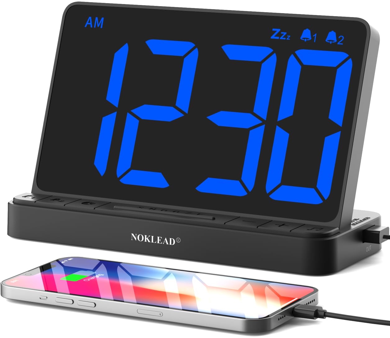 NOKLEAD Digital Alarm Clock - Bedside Clock with 5 Optional Alarm Sounds, Full Dimmer, Adjustable Alarm Volume, Easy to Use Digital Clock with USB Charger, Large 6.5" LED Display, Snooze and 12/24Hr
