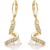 JOLCHIF Dainty Pearl Leverback Dangle Earrings for Women 18K Gold Plated Rhinestone Hoop Drop Earrings Women Dangling Jewelry