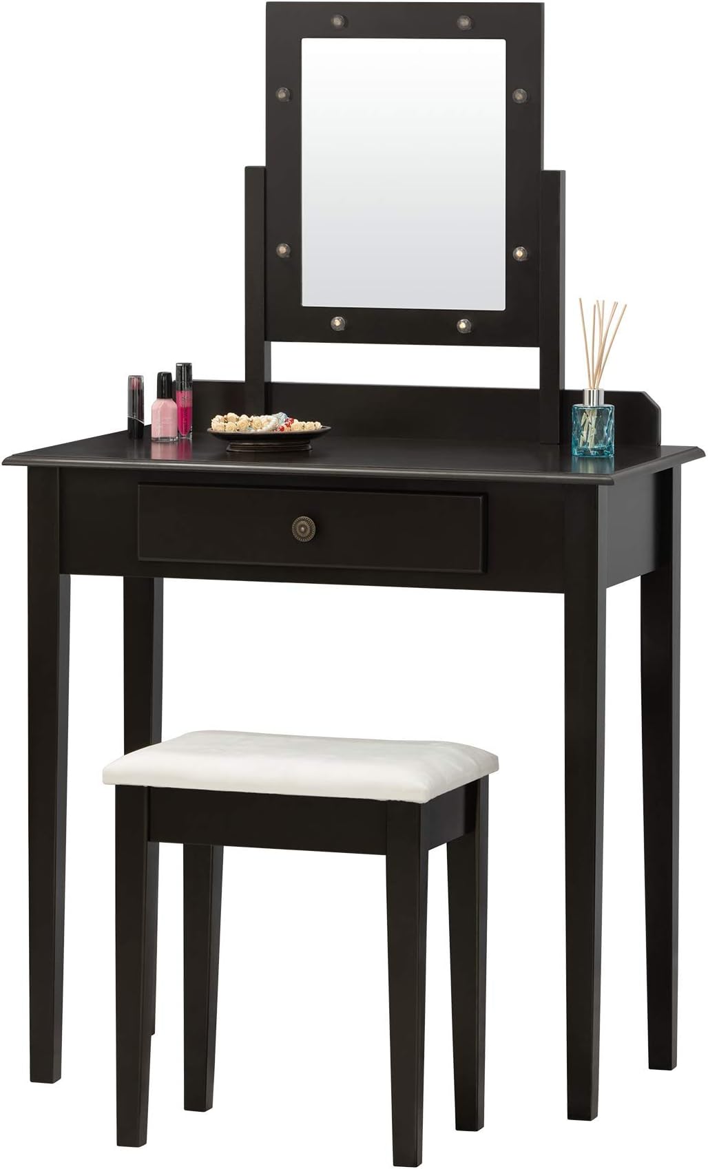 Fineboard Vanity Table Set with Stool and Mirror with Large Drawer, Brown