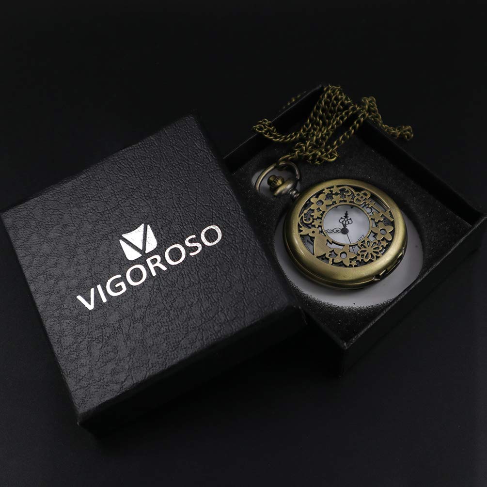 VIGOROSO Watches Alice Rabbit Flower Vintage Retro Steampunk Pocket Watch in Black Box