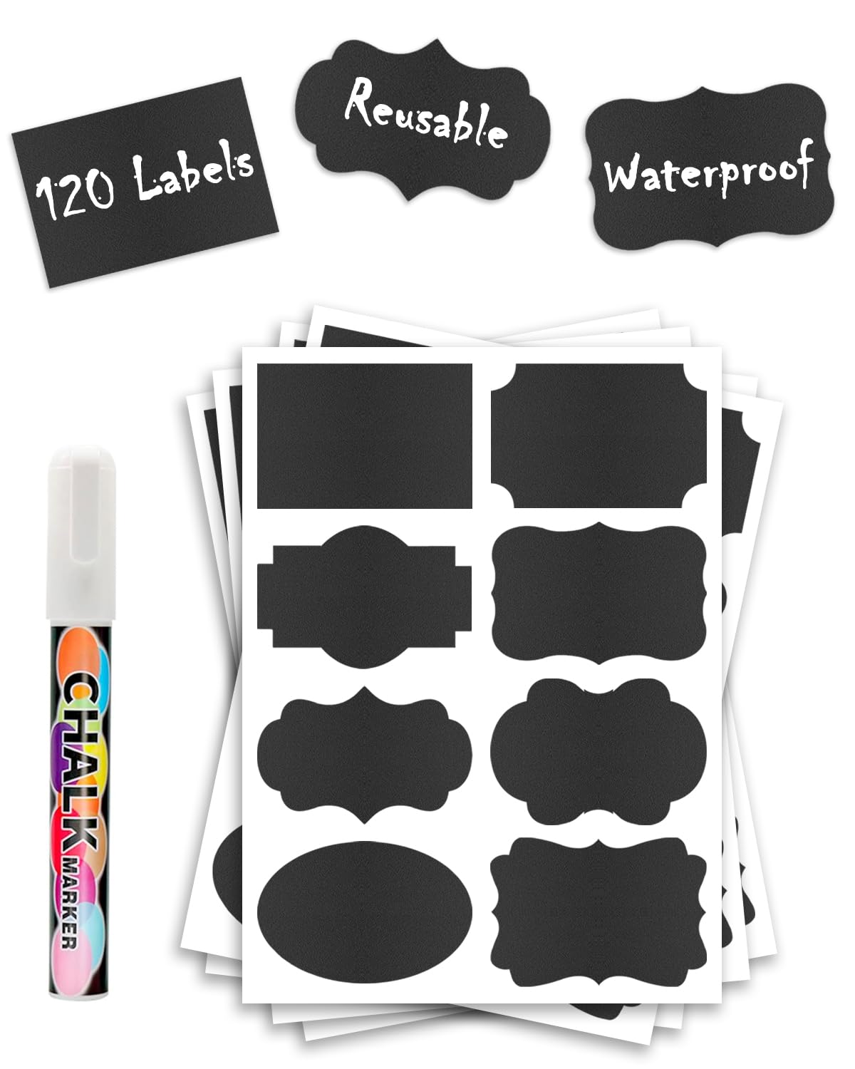Photo 1 of 120 Pcs Chalkboard Labels for Storage Bins, Removable Chalk Sticker for Jars Containers Storage Bins, Assorted Shapes - Canning Labels, Bottle Labels, Food Labels Includes Erasable Liquid Chalk Marker