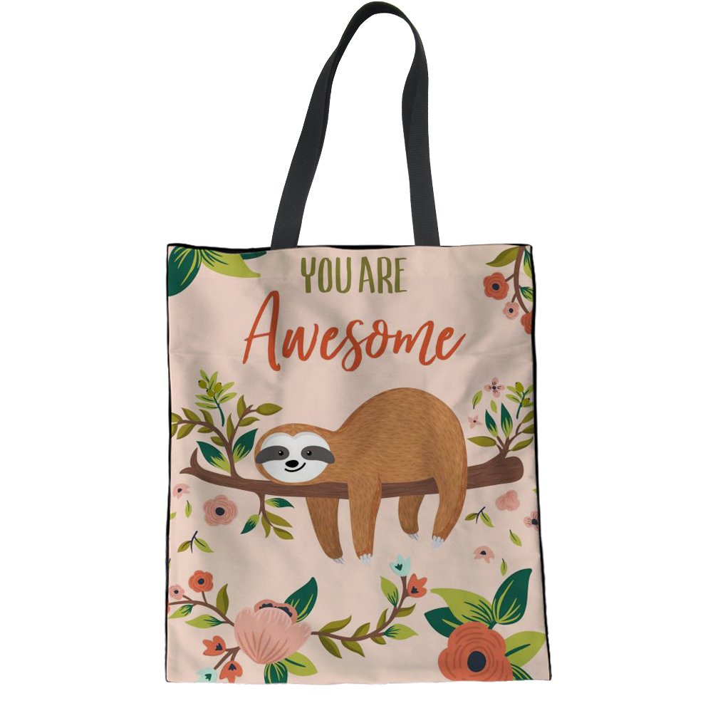 HUGS IDEA Awesome Sloth Pattern Canvas Shoulder Tote Bag for Shopping Beach Travel