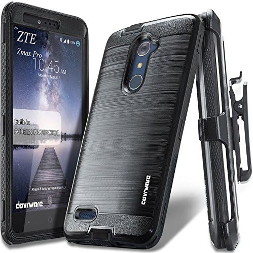COVRWARE [Iron Tank] case Compatible with ZTE ZMAX PRO/ZTE Carry, with Built-in [Screen Protector] Full-Body Rugged Holster Armor Case [Brushed Metal Texture Design][Belt Clip][Kickstand], Black