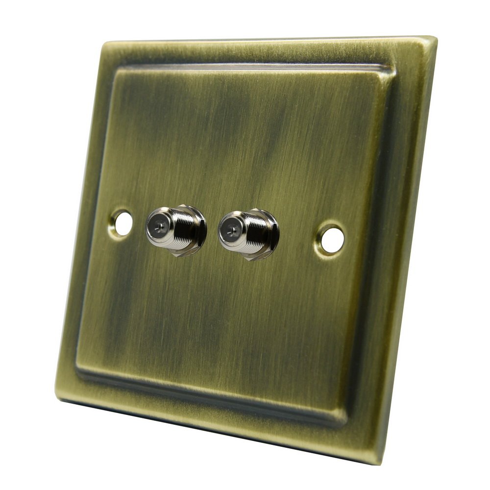 AET VAB2GSKY Victorian Antique Brass 2 Gang Sky Double F Type Socket for Satellite Outlets, 240 V