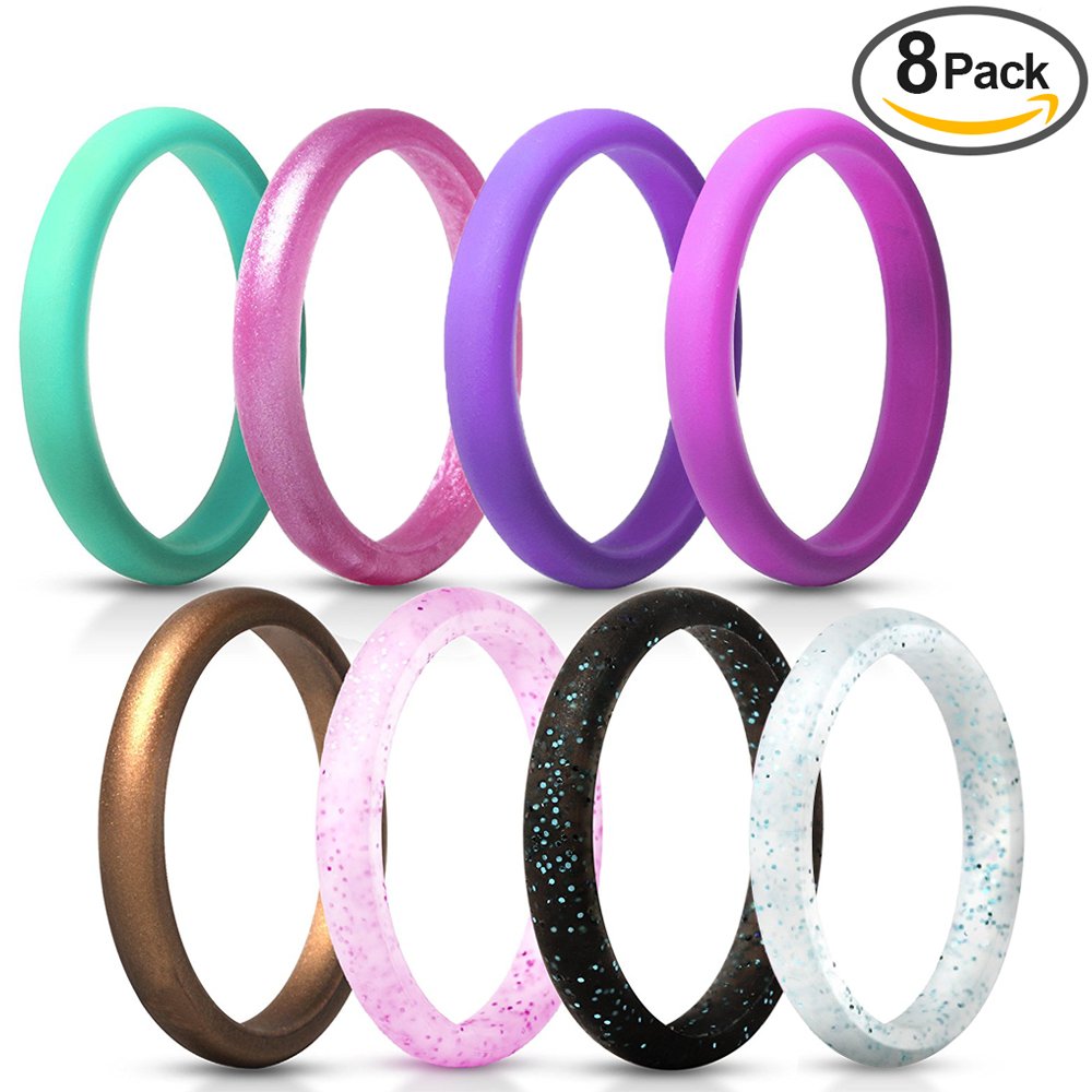 CLAN-X Stackable Silicone Rings, 8 Pack & Singles Silicone Wedding Bands for Women&Men - Diamond Pattern By (pink green black, 9)