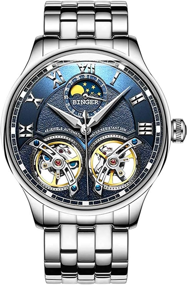 Men's Skeleton Automatic Mechanical Wrist Watch with Double Tourbillon