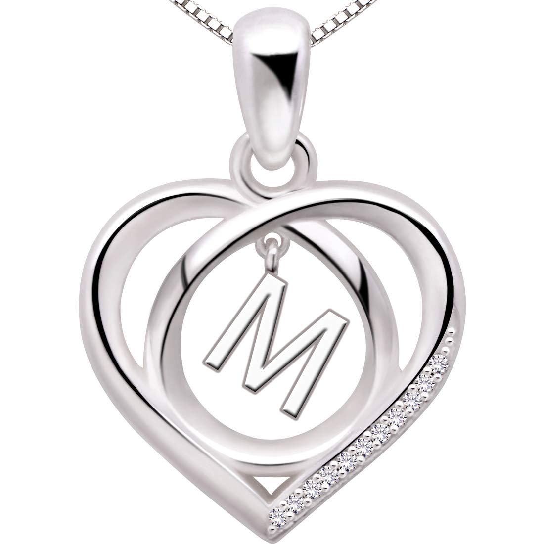 ALOV Jewelry Sterling Silver Initial M Letter Alphabet Love Heart Cubic Zirconia Pendant Necklace