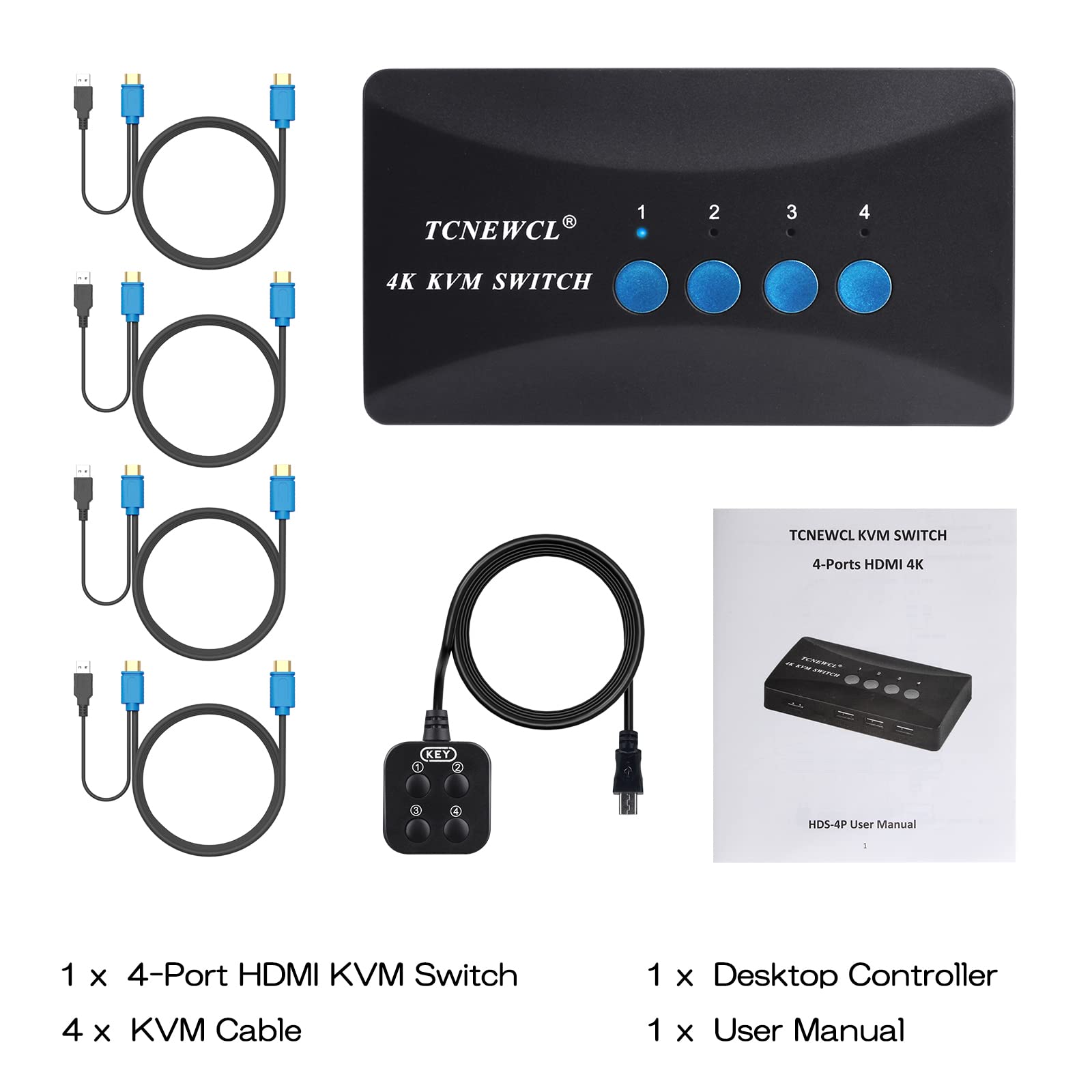 TCNEWCL KVM Switch 4 Port, HDMI KVM Switcher 4Kx2K@30Hz for 4 Computers Sharing 1 HD Monitor and 3 USB Devices Keyboard Mouse Printer,Including 4*KVM Cables &1* Wire Desktop Controller