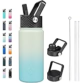 BJPKPK Insulated Water Bottles with Straw Lid, 18oz Stainless Steel Metal Water Bottle, Cold Hot Thermo with 3 Lids, Leak Proof BPA Free Travel Cup, Wide Mouth Flasks, Thermo -Mint
