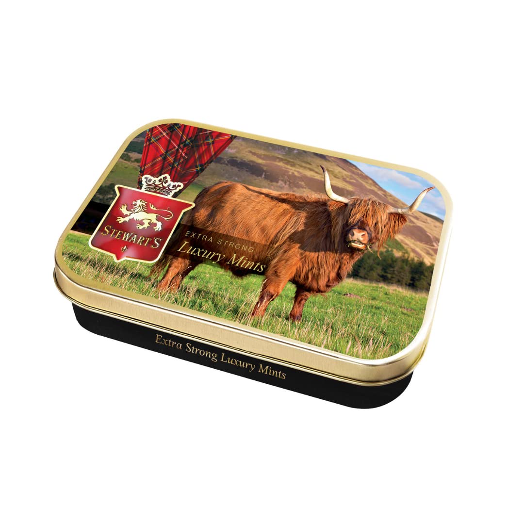 Stewart's - Highland Cow Tin Filled with Luxury Mints (40g) - Cool Refreshing Peppermint Flavour For Instant Breath Freshness, Pocket Sized Collectable Tins, Ideal for Gifting