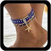 Andelaisi Boho Layered Starfish Dangle Anklet Bracelet Vintage Sea Star Anklet Chain Blue Seed Beads Foot Chain Multilayered Summer Beach Link Bracelet Jewelry for Women