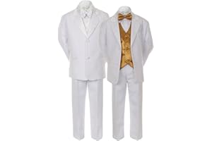 Unotux 7pcs Boys White Suits Tuxedo with Satin Gold Bow Tie Vest Sets (S-20)