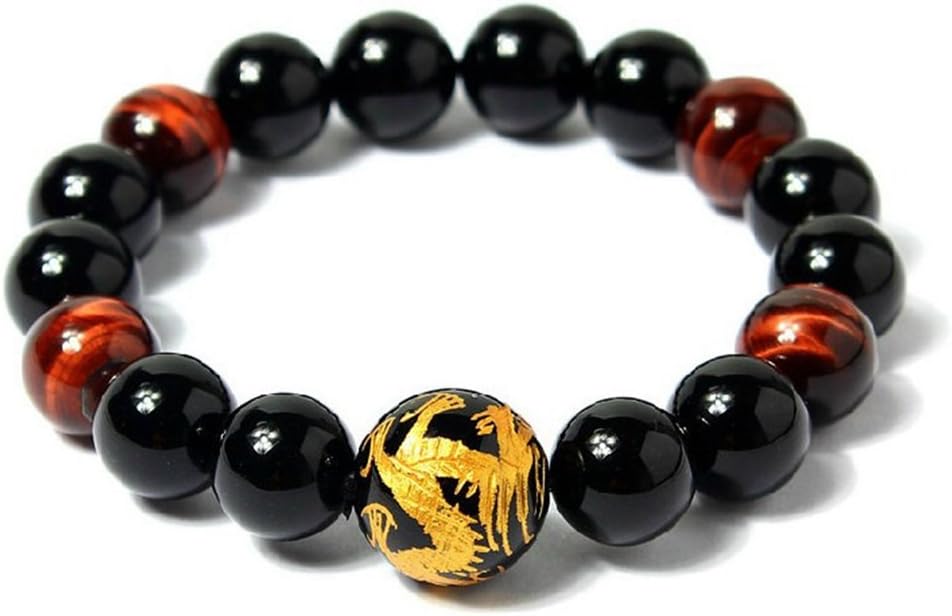 HotVally Jewelry Mens Dragon Bracelet Obsidian & Tiger Eye Meditation Good Fortune Brangle Bangle Bracelets (Golden Dragon - 14mm Beads)