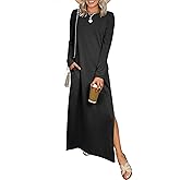 ANRABESS Women Long Sleeve Dresses 2025 Fall Casual Crewneck Loose Fit Split Flowy Wrinkle-Free Travel Vacation Maxi Dress