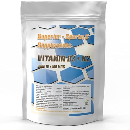 Vitamin D3 5.000 I.E+ Vitamin K2 100mcg (MK7) Depot - 250 Tabletten (v) | 1000 I.E. pro Tag, Alle 5 Tage eine Tablette | Zur 