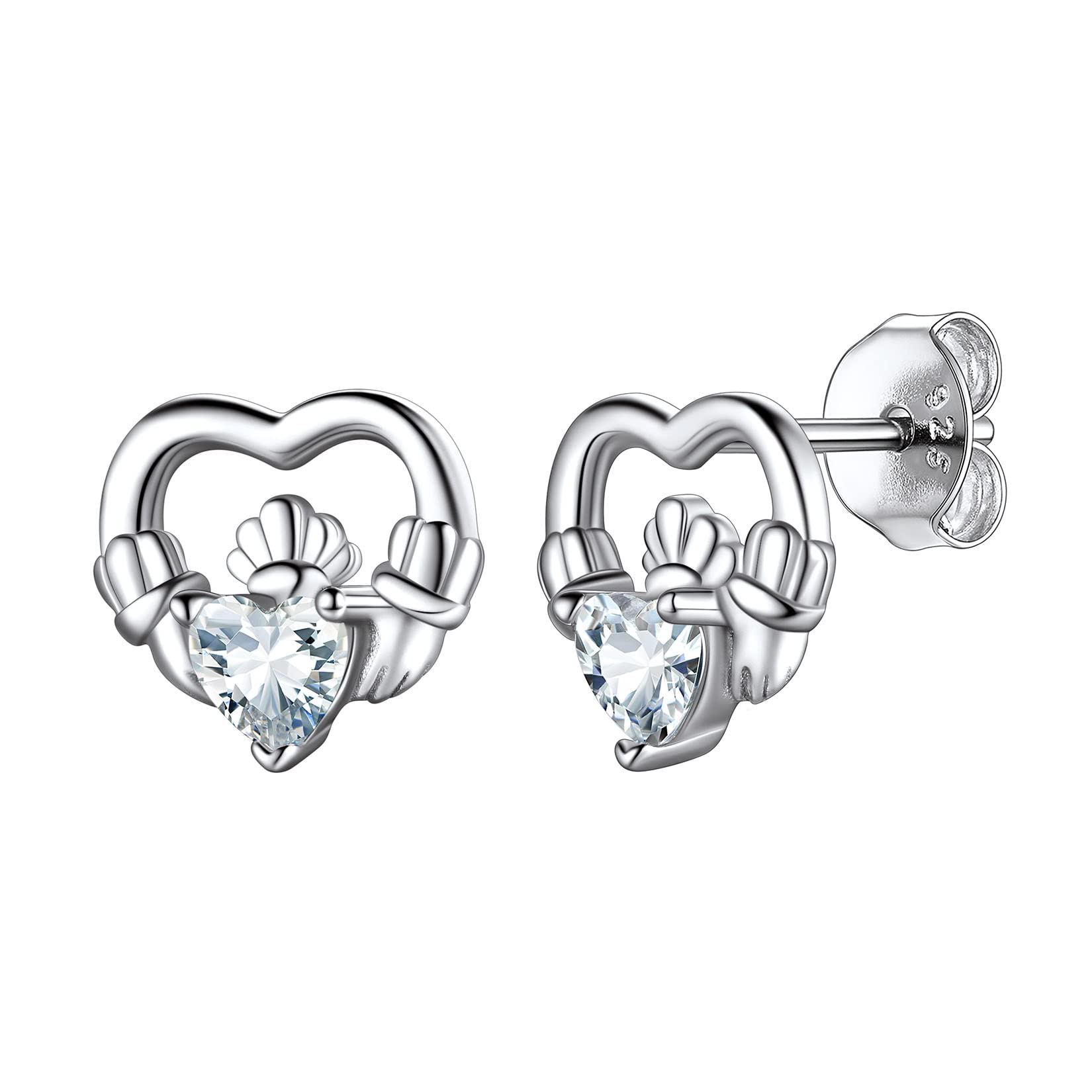 Hypoallergenic 925 Sterling Silver Claddagh Celtic Knot Cubic Zirconia CZ April Birthstone Earrings, Birth Stone Jewelry Dainty Cute Stud Heart Shaped Hoop Earrings for Women Teen Girls