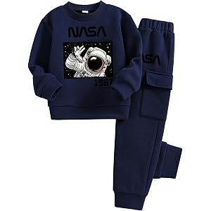 FtcoDcik Size 5-12 Years Boys 2 Piece Outfits Long Sleeve Solid Astronaut Pattern Top and Sweatpants Fall Winter Clothing Set
