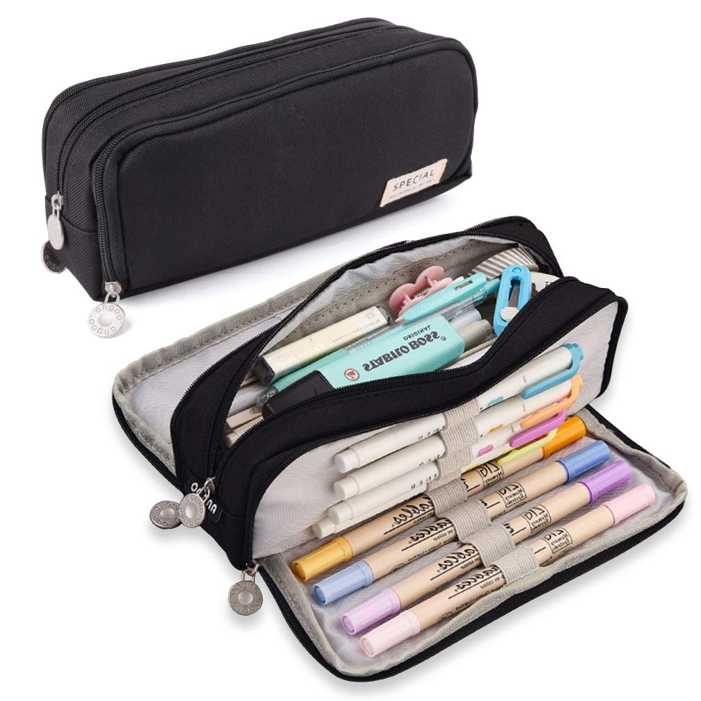 iSuperb Large Pencil Case 3 Compartments Pencil Pouch Big Capacity Pencil Bag Oxford Stationery Storage Pen Bag Cosmetic Makeup Pouch for Women Girls (Black)