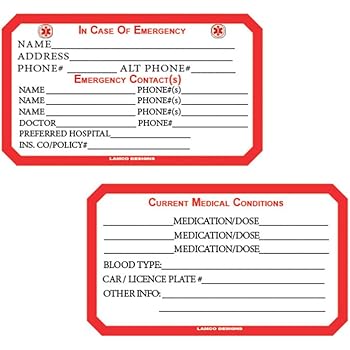 Amazon.com : Emergency Contact Wallet Card ICE Card Medical ID Card ...