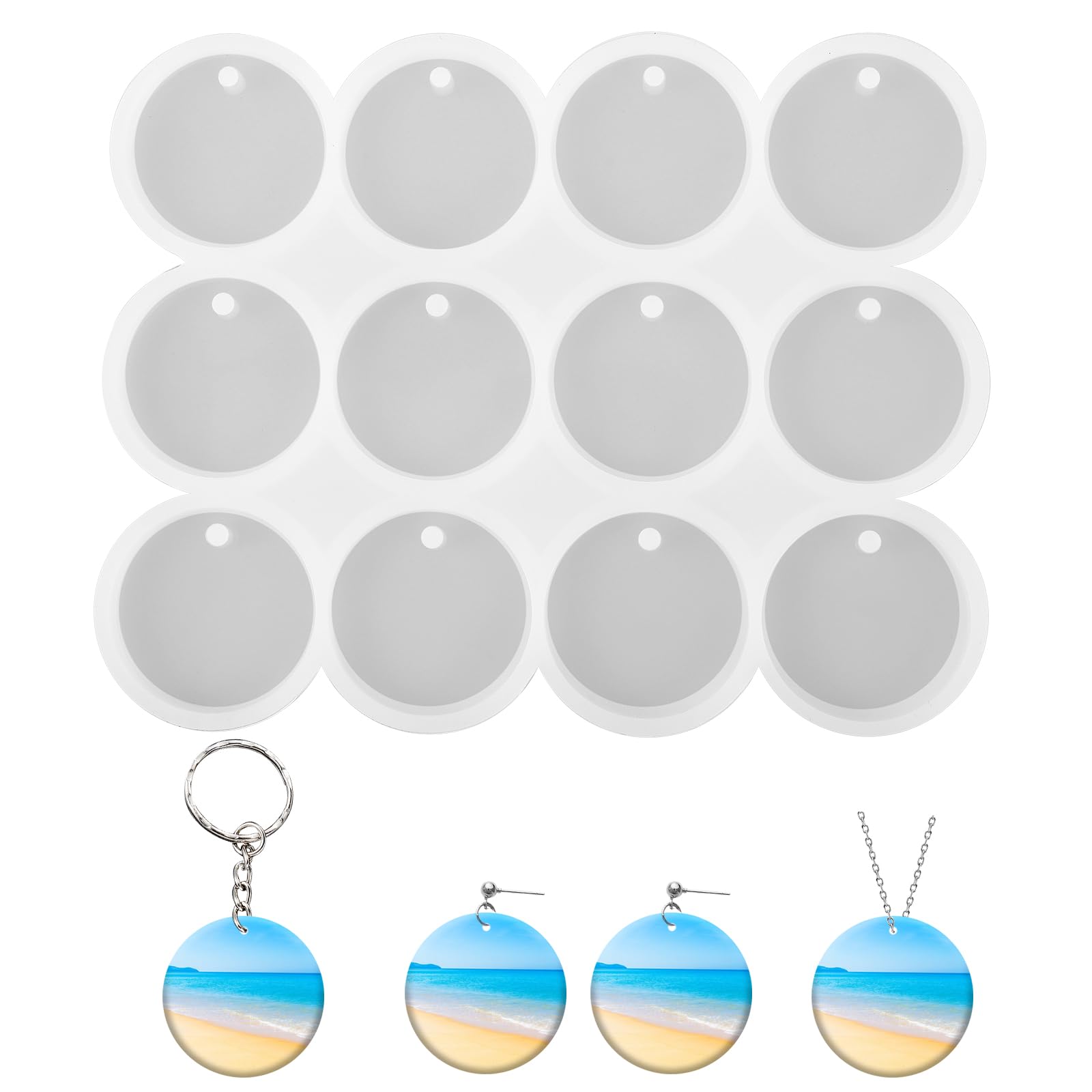 Qianyu 12 Pcs Cavity Shiny Flat Circle Silicone Mould with Hanging Hole Round Drilled Keychain Jewelry Pendant Earrings Decor Model DIY Crafts Making Pet Tag Charms Resin Casting Mould