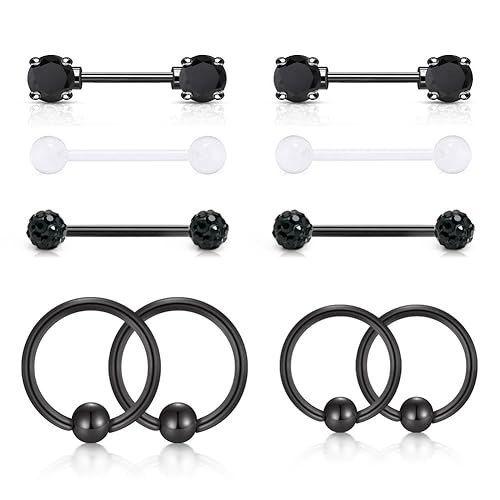 JFORYOU Black Nipple Rings Elegant Black CZ Stone Nipple Barbell