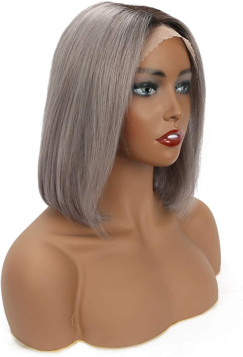 YILITE Short Colorful Bob Wigs Human Hair Ombre Natural Black Fading to Silver 13x4 Lace Front Wigs Middle Part Straight Remy Hair 10 Inches