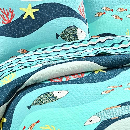 Blue ocean-themed quilt set with fish design, made of 100% cotton, priced at $67.99.
