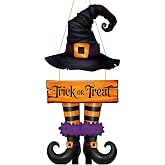 Halloween Decorations Wooden Witch Halloween Door Wreath for Front Door Sign Wall Signs, Witch Feet Trick or Treat Welcome Sign Hanging for Home Wall Decor Party Outdoor Indoor Supply Vintage Office